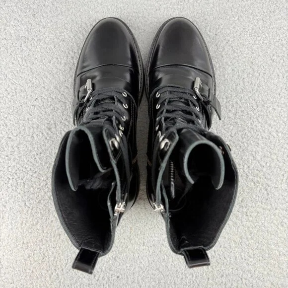 All Saints Black Leather Combat Boots with Buckle - Picture 6 of 14